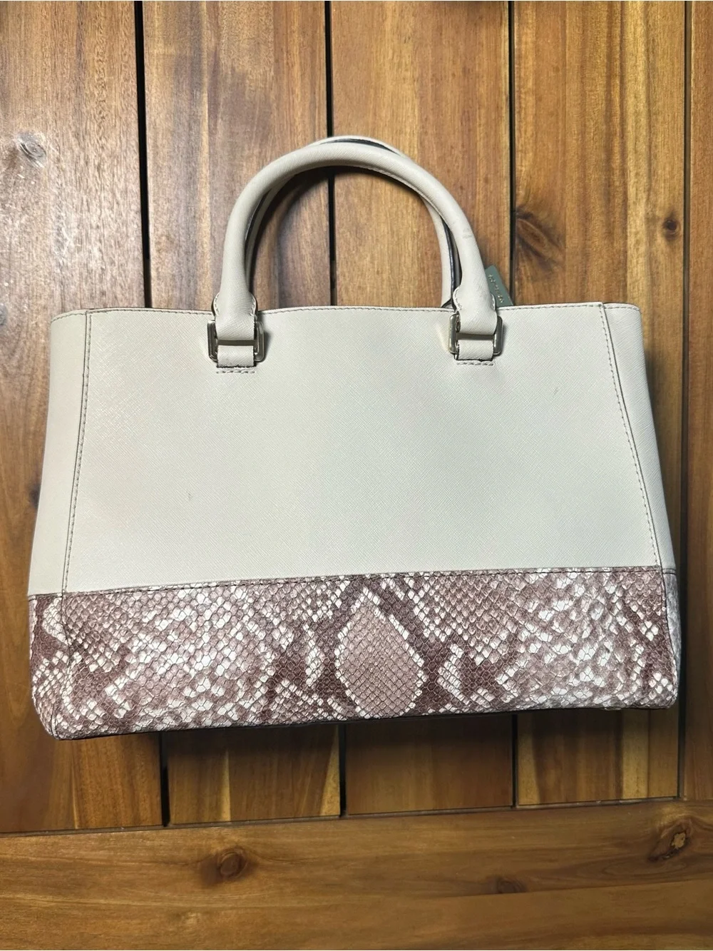 Michael Kors Cream Leather Satchel with Brown Snake-Print Trim